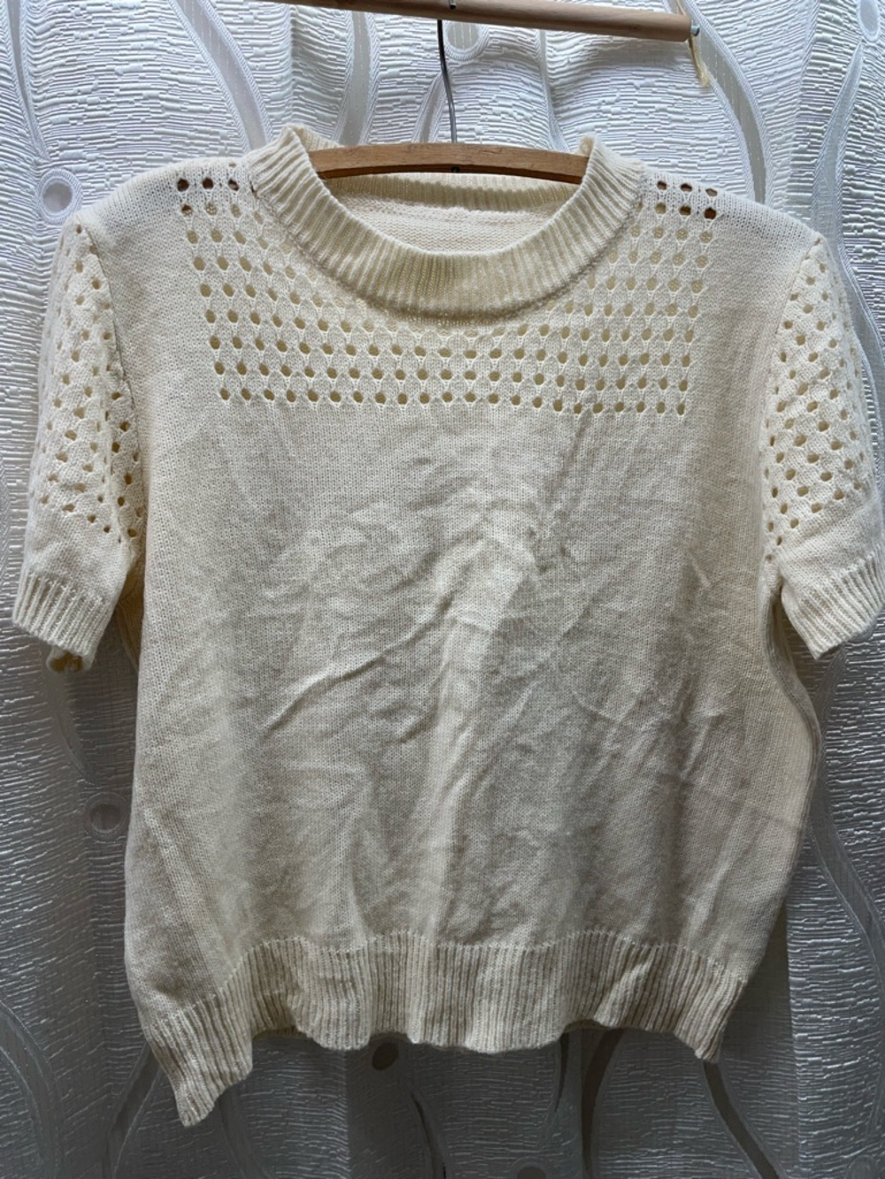 Unbranded Knit Sweater Women Medium Cream Good Pointelle‎ Short Sleeve Crew Neck